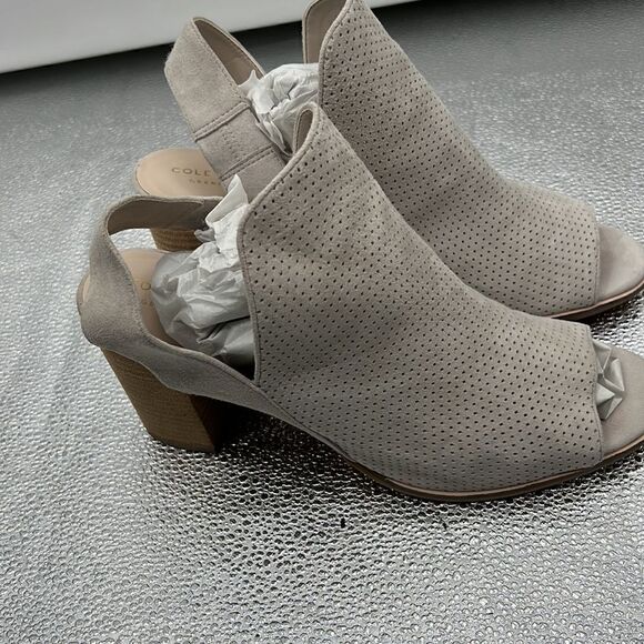 Cole Haan Calista sesame perforated suede block heel shoes - Picture 3 of 11